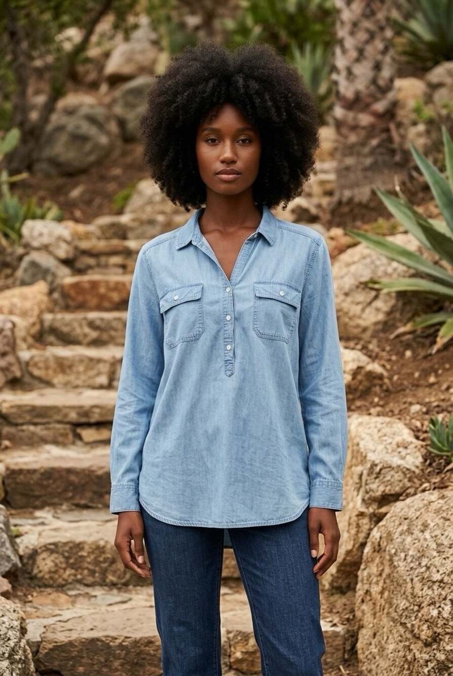 Liz Claiborne 100% Lyocell Long Sleeve Denim Henley Pullover Shirt